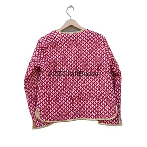 Hecho a mano transpirable tejido acolchado mujer cuello en V manga larga Patchwork rayas impreso algodón boda abrigo frente abierto botón - Product Image 6