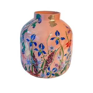 Vase à fleurs en métal émaillé fait main de luxe, imprimé floral, centre de table décoratif, vase haut pour décoration de mariage moderne et de la maison - Product Image 2