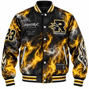 Veste varsity pour homme à imprimé flamme, en PU, col rabattu, fermeture à boutons, streetwear, vêtements d'automne - Product Image 3
