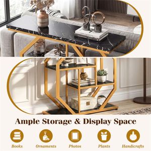 Consolle moderna a 4 ripiani da 99,75 cm con finitura nero-oro e piano in finto marmo per soggiorno o ingresso - Product Image 4