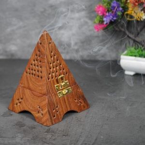 Mabkhara Incense <b>Burner</b> Wooden <b>Burner</b> With Geometric Metal Backplate Hand-Made Sandalwood Base Religious Use All-Season Holder - Product Image 5