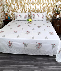Drap plat double en coton indien fait main, imprimé à la main de Jaipur, motif floral bohème, pour lit Queen ou King - Product Image 1