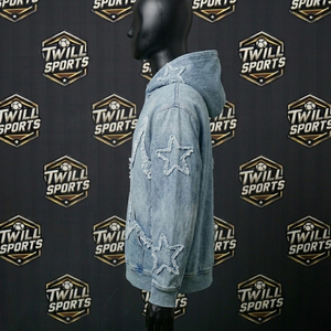 Sweat à capuche streetwear personnalisé pour homme, écologique, en denim vintage délavé, zippé, coupe oversize, avec écusson étoile brodé, pour l'hiver - Product Image 5