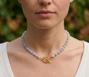 Collier ras du cou en perles d'aigue-marine bleue naturelle de qualité AA de 6 mm avec fermoir à bascule en or 14 carats, véritable pierre précieuse, cristal de guérison, vente en gros - Product Image 2