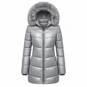 <b>Women's</b> Long Quilted Winter <b>Jacket</b> With Fur Trim Hood Full Sleeve Zipper Closure <b>Navy</b> Blue - Product Image 5