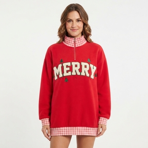 Women's Red Knitted Printed Fleece Sweatshirt with <b>NY</b> Applique Logo Plaid Trim Mock Neck Casual Spring Winter Wear - Product Image 5
