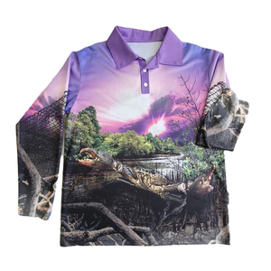 เสื้อโปโลตกปลาผู้ชายผ้าสแปนเด็กซ์/โพลีเอสเตอร์อ๊อกซ์ฟอร์ดกันน้ำแบบสั่งทำพิเศษ แขนยาว พิมพ์ลายแบบซับลิเมชั่น ป้องกันรังสียูวี UPF 50 แห้งเร็ว - Product Image 1