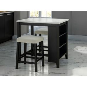 Transitional 3pc Dining Room Set Gloss <b>Table</b> Top with Storage Shelves 2 <b>Side</b> Stools in Black Ivory <b>White</b> - Product Image 1