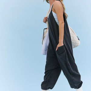 High Quality Women's Sleeveless Loose <b>Jumpsuit</b> <b>With</b> Side <b>Pockets</b> Black Solid Color Casual Summer Wear Full Length 100% Cotton - Product Image 3
