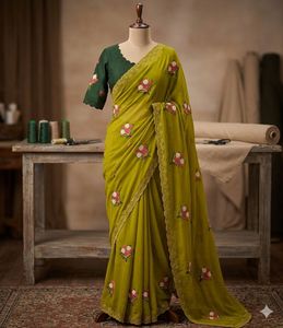Star Georgette with beautiful flower Work <b>Saree</b> With Contrast Running <b>Blouse</b> - Product Image 2