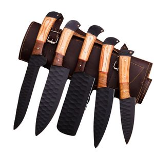 5 Piece Stainless Steel Right Hand Durable <b>Knife</b> <b>Set</b> Handmade Wood Handle <b>Sharp</b> Serrated Edge Blades Leather Roll Case - Product Image 1