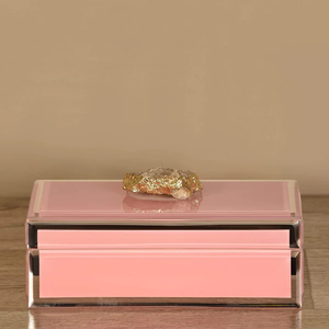 Blossom <b>Pink</b> Glass Jewelry Storage Box with Natural Stone Accent Gold Edging Glossy Finish Soft Lining Decorative Keepsake Organ - Product Image 2