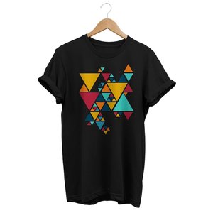Camiseta Negra para Mujer con Estampado Geométrico Triangular Colorido, Cuello Redondo, Manga Corta, Informal, 100% Algodón, Transpirable, Corte Regular - Product Image 1