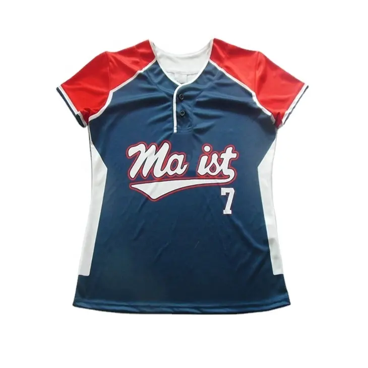 Mavi ve kırmızı iki düğme beyzbol forması yüceltilmiş özel takım adı ve numarası softbol tişörtü kısa kollu beyzbol formaları