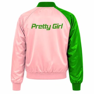 Alpha |   Kapa |   Veste universitaire en satin contrastant vert et rose pour femme Alpha Sorority, avec boutons-pression sur le devant, col et poignets en tricot côtelé, vêtement d'extérieur - Product Image 6
