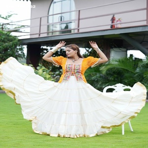 Festival Wear Rangoli Crush with Lumpi Lace work & Flared <b>White</b> <b>Lehenga</b>-Readymade Print-Embroidery Blouse Pair Indian Supplier - Product Image 1
