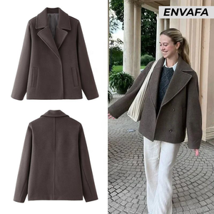 Abrigo de Lana Tejida para Mujer, Chaqueta Blazer Sólida con Solapa y Doble Botonadura, Cortavientos de Otoño/Primavera/Invierno, Prenda Exterior Cálida y a la Moda - Product Image 2