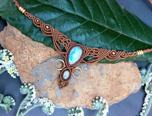 Handmade Black Macrame Ball <b>Necklace</b> Blue Agate Stone Pendant Boho Tribal Gift Jewelry Adjustable Cord <b>Statement</b> - Product Image 2