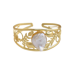 Bracelet en laiton plaqué or 24 carats et rhodium avec perle d'eau douce baroque, motif feuille et design constellation serti clos, classique pour anniversaire - Product Image 1