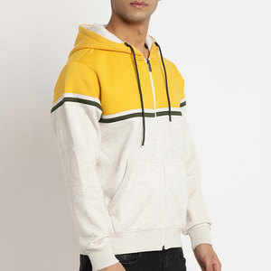 Sweat-shirt à capuche zippé pour homme, couleur crème jaune, avec blocs de couleur contrastés, en molleton, manches longues, cordon de serrage, style streetwear décontracté - Product Image 3