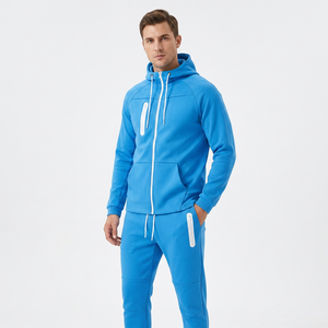 Ensemble de survêtement unisexe bleu, sweat-shirt à capuche zippé et pantalon long, couleur unie décontractée, polyester respirant, vêtements de printemps - Product Image 4