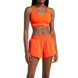 Women's Orange Solid 2 Piece Sports Set Sleeveless Crop Top Above Knee Shorts Breathable Knitted Workout Wear Spring Summer - Product Image 1
