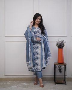 Blue Floral Modest Abaya <b>Dress</b> Set Loose Fit Printed Islamic Women <b>Dress</b> with Shawl <b>for</b> Daily <b>Eid</b> Ramadan - Product Image 1