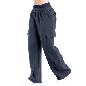 Pantalon cargo décontracté sportif rose uni taille haute coupe droite longueur entière pour femme avec poches et taille élastique, idéal pour l'été, 100 % polyester - Product Image 4