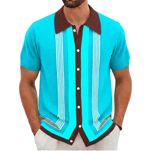 Camisa de Hombre ROLEIN Antiarrugas de Seda y Viscosa de Manga Corta a Rayas con Diseño de Bloques de Color y Botones Frontales Verde - Product Image 3