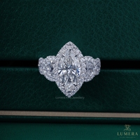 Anillo de Compromiso con Halo de Diamantes Cultivados en Laboratorio con Corte Marquesa para Mujer, Oro Blanco de 18K, Tres Piedras, Media Luna, Diamantes Laterales, Anillo de Lujo con Certificado IGI