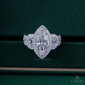 Marquise Cut Lab Grown Diamond Halo Engagement <b>Ring</b> 18K White Gold Three Stone Half <b>Moon</b> Side Diamonds Bridal <b>Ring</b> for Women - Product Image 2