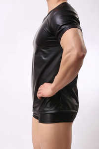 T-shirt de performance pour homme, aspect cuir, manches courtes, col rond, tissu extensible, vente en gros, fabricant de marques privées - Product Image 5