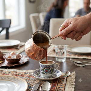 Cafetera Turca Cezve de Cobre Puro con Grabado Artesanal de Encaje Triangular, Estilo Bulboso para Estufa, Briki Griega con Larga Asa Metálica Plana - Product Image 3