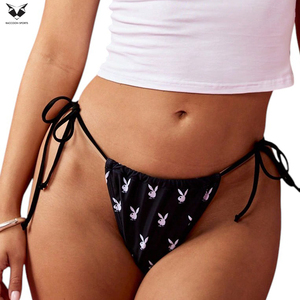 <b>White</b> Slim-Fit Cotton Baby Tee & Side-Tie Printed Thong Panty Two-Piece Spandex Polyester <b>Bikini</b> <b>Sets</b> For Wholesale Rate - Product Image 6