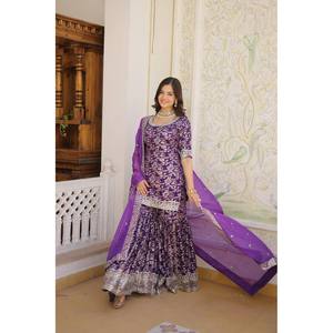 Ensemble Salwar Kameez de soirée en taille XL, composé d'un haut, d'un bas et d'un dupatta, orné de paillettes et de broderies Zari, en polyester. - Product Image 3