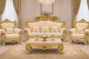 Royal Gold Handcarved Teak Wood <b>Sofa</b> <b>Set</b> with Luxury Upholstery Modern Design Inflatable Foldable Living Room Furniture India - Product Image 2