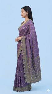 Sari de Seda Floral con Blusa para Mujer, Traje Tradicional Indio y Pakistaní para Bodas y Fiestas, Sin Arrugas, Largo hasta el Suelo, Corte Regular - Product Image 3