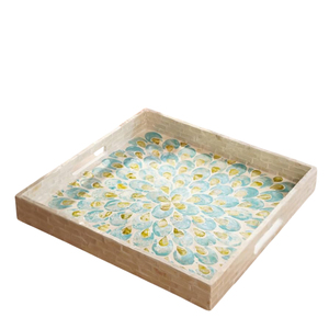 Plateau de service rond en nacre avec incrustations florales de luxe, mosaïque décorative en MOP avec poignées pour table basse, ottoman, maison - Product Image 6