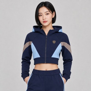 Top Selling Women's <b>Long</b> <b>Sleeve</b> Zip Hoodie Winter Casual <b>Crop</b> Top with Solid Color Customized Logo Printed on Knitted Fabric - Product Image 1