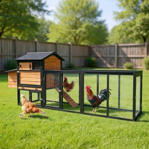 Gallinero de madera impermeable marrón y negro, grande, para exterior, con corral, nido y jaula para conejos y animales. - Product Image 4