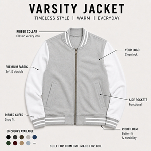 เสื้อแจ็คเก็ตวาร์ซิตี้สีเทาสำหรับผู้ชาย แขนเสื้อสีขาว ปิดด้วยซิป เสื้อคลุมลำลองผ้าฟลีซสำหรับฤดูใบไม้ร่วง เสื้อแจ็คเก็ตวาร์ซิตี้สีเทาสำหรับผู้ชาย - Product Image 6