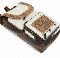 Black & <b>White</b> Cowhide Backpack Hand Tooled Genuine Leather cowhide leather backpack black and <b>white</b> with premium design in bulk - Product Image 2