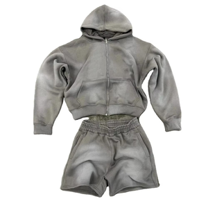 Unisex Custom Streetwear <b>Men</b> Acid Wash Zip Up Hoodie <b>Short</b> Set 100% Cotton <b>Fleece</b> Two Piece <b>Men</b> Oversized Hoodies And <b>Shorts</b> Set - Product Image 1