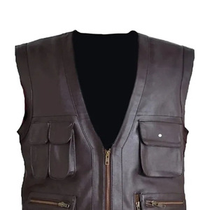 Hot Selling <b>Men's</b> Genuine <b>Leather</b> V-Neck Zipper Front Multiple Pockets <b>leather</b> <b>waistcoat</b> Regular Fit Autumn Style - Product Image 2