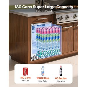 Nevera para Bebidas de 24 Pulgadas para Interiores/Exteriores, 150 QT, Independiente, Bajo Mueble, Capacidad para 180 Latas, Enfriador de Cerveza y Vino Integrado para Uso Doméstico y Comercial - Product Image 2