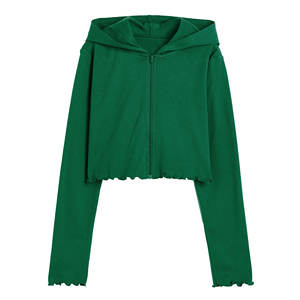 Haut court zippé à capuche côtelé pour femme, avec ourlet festonné, toucher doux, été, grandes tailles, vente en gros, sans logo, longueur courte - Product Image 1