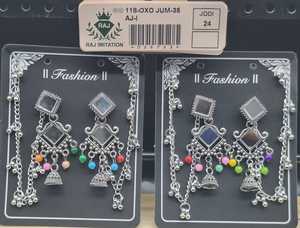 Indian <b>Silver</b> Plated Square Mirror Jhumka <b>Earrings</b> Colorful Bead Ghungroo Ear <b>Chain</b> Bahubali Jewelry Wholesale Set - Product Image 3