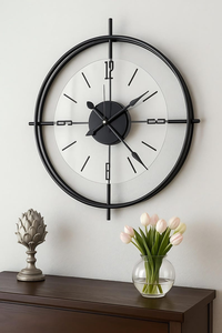 Horloge murale moderne de luxe en métal, grande horloge ronde à double anneau, design minimaliste noir, art mural décoratif contemporain pour la maison - Product Image 4