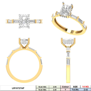 Bague de fiançailles en or massif 14 carats avec diamant de laboratoire taille radiant, pierres latérales baguette F VVS VS CVD, plaqué rhodium, design classique - Product Image 2