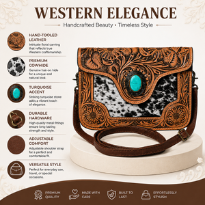 Sac bandoulière artisanal en cuir de vachette à poils, style western, motif floral, accent turquoise, sangle réglable, pour femme - Product Image 5
